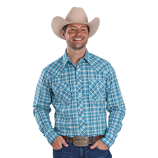 Man wearing a blue plaid shirt and cowboy hat on a white background