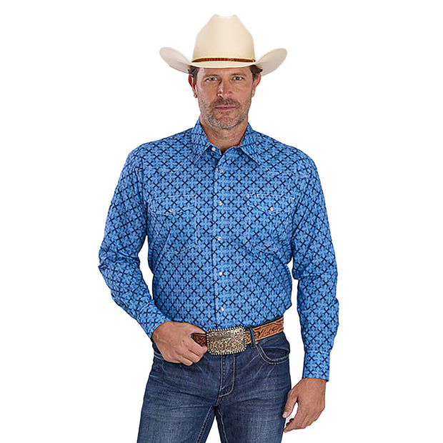 Man wearing a blue patterned shirt, white cowboy hat, and jeans on a white background