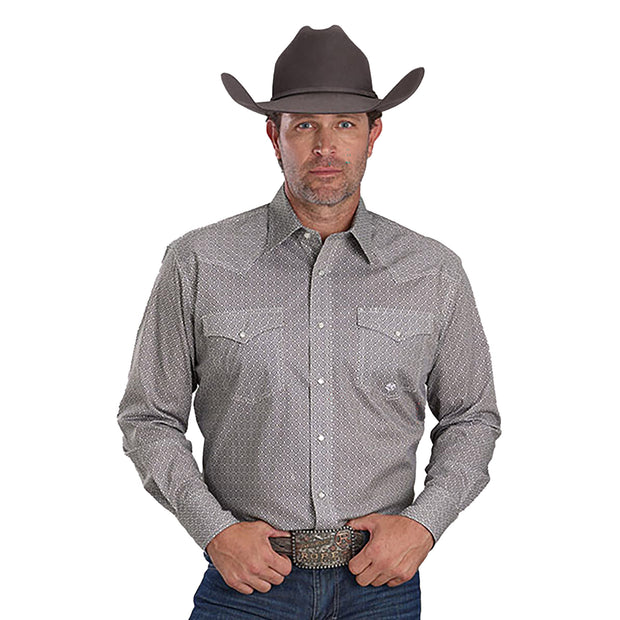 Man wearing a gray patterned button-up shirt and cowboy hat on a white background