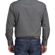 Patterned long-sleeve shirt worn by a person on a white background