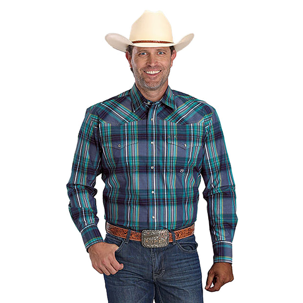 Man wearing a plaid shirt, cowboy hat, and jeans on a white background