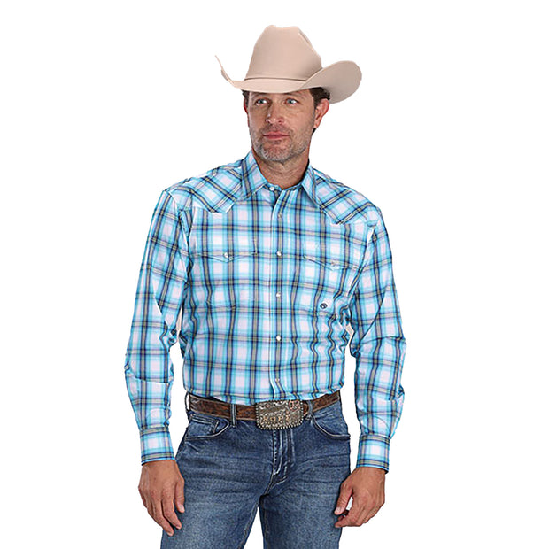 Man wearing a blue plaid shirt, jeans, and a beige cowboy hat on a white background