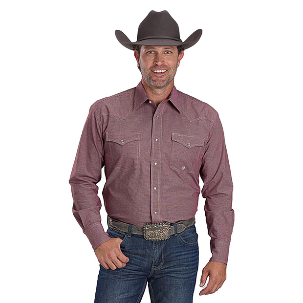 Man wearing a maroon button-up shirt, blue jeans, and a brown cowboy hat on a white background