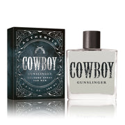 Cowboy Gunslinger cologne spray bottle and packaging on a white background