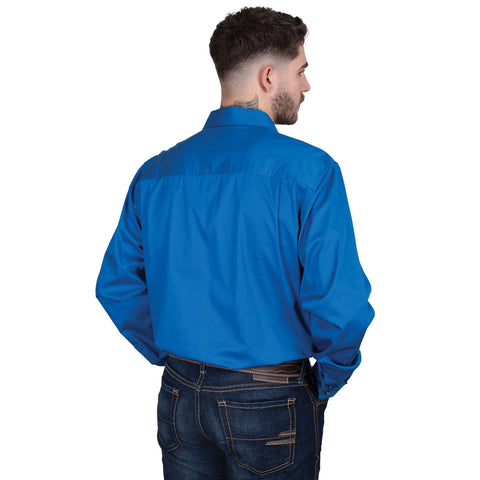 Man wearing a blue shirt on a white background