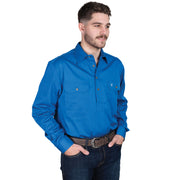 Man wearing a blue shirt on a white background