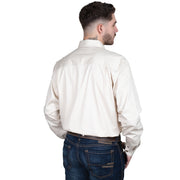 Man wearing a white button-up shirt with a logo on a white background