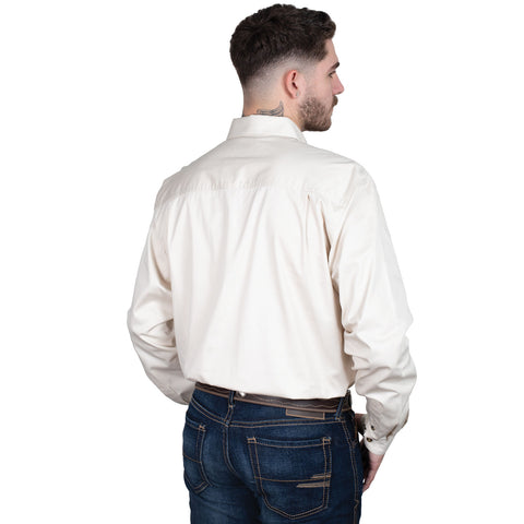 Man wearing a white button-up shirt with a logo on a white background