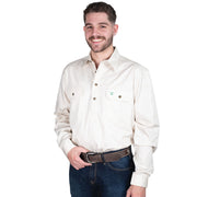 Man wearing a white button-up shirt with a logo on a white background