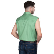 Man wearing a green sleeveless shirt and jeans on a white background