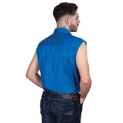 Man wearing a blue sleeveless shirt on a white background