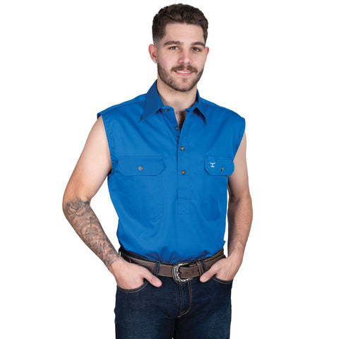 Man wearing a blue sleeveless shirt on a white background