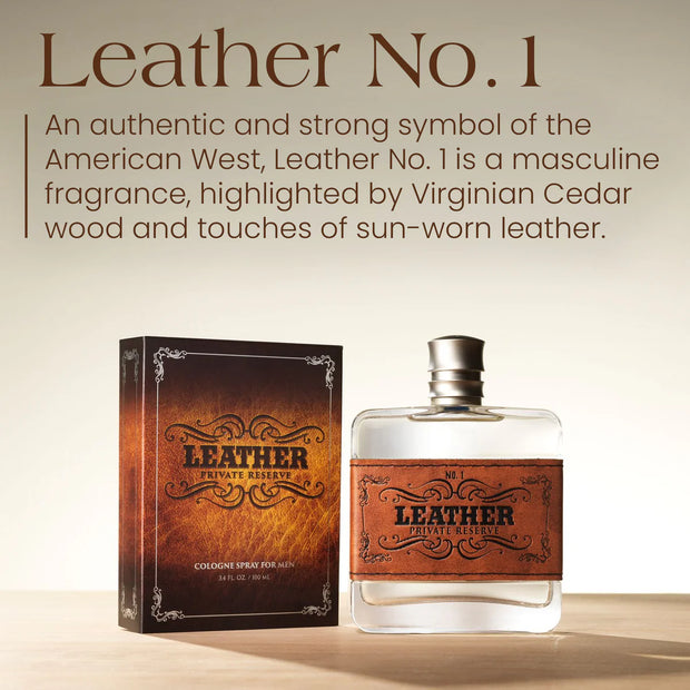 Leather No. 1 cologne bottle and packaging on a beige background