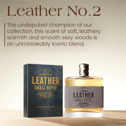 Perfume bottle and packaging of 'Leather No. 2' with descriptive text on a beige background