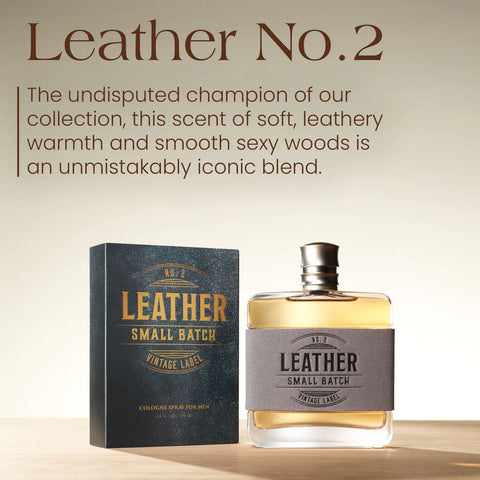 Perfume bottle and packaging of 'Leather No. 2' with descriptive text on a beige background