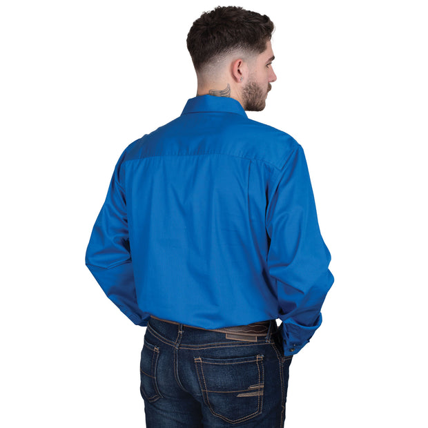 Man wearing a blue shirt with a logo on a white background