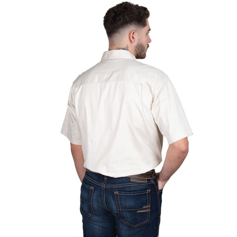 Man wearing a white short-sleeve shirt with a logo on a white background