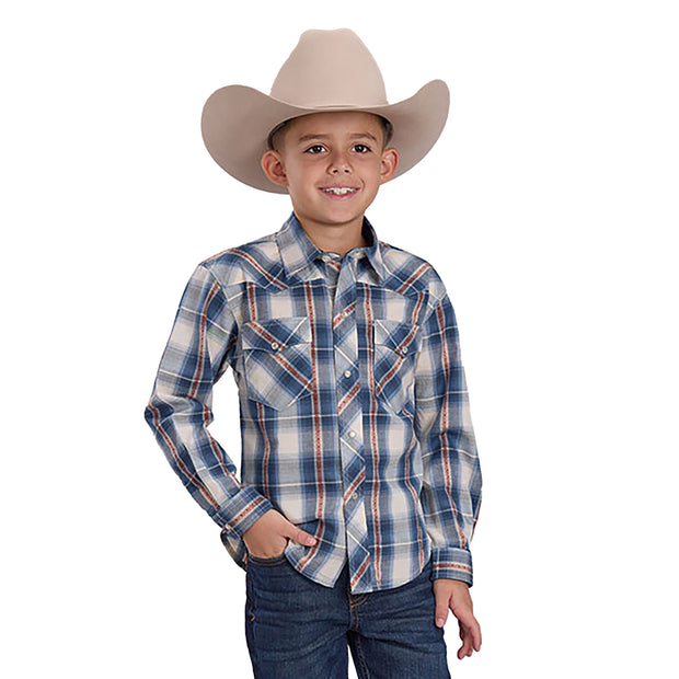 Child wearing a plaid shirt and cowboy hat on a white background