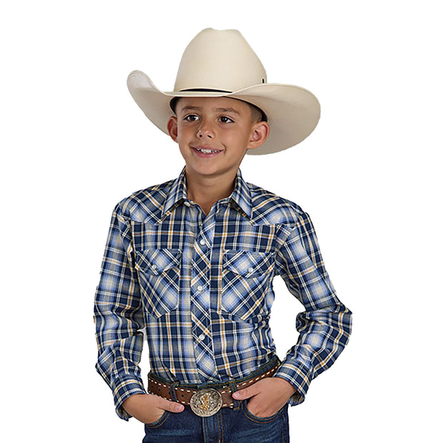 Child wearing a blue plaid shirt, cowboy hat, and belt with a concho on a white background