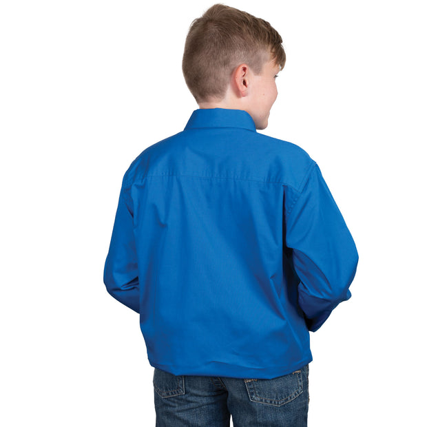 Child wearing a blue shirt on a white background