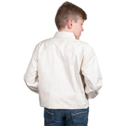 Young boy wearing a white shirt with a logo on a white background