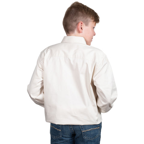 Young boy wearing a white shirt with a logo on a white background
