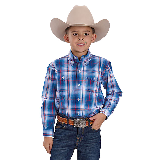 Child wearing a blue plaid shirt, jeans, and a cowboy hat on a white background