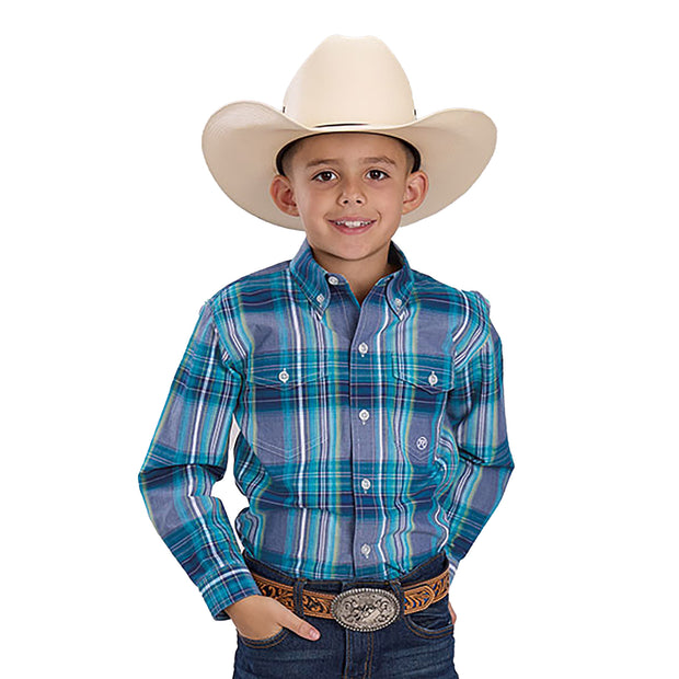 Child wearing a blue plaid shirt, cowboy hat, and jeans on a white background