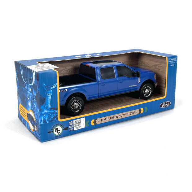 Blue toy Ford Super Duty F-250 model in packaging on a white background