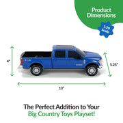 Blue toy truck with dimensions and product details on a white background