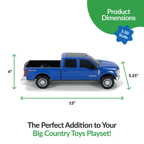 Blue toy truck with dimensions and product details on a white background