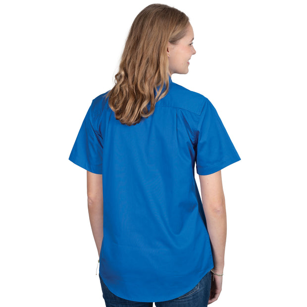 Woman wearing a blue shirt on a white background