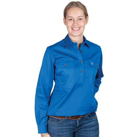 Person wearing a blue shirt on a white background
