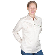 Woman wearing a white shirt with a logo on a white background
