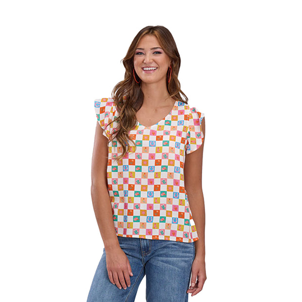 Women's Five Star Collection Print Sleeveless Blouse in checker pattern