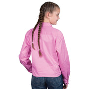 Person wearing a pink shirt with braided hair on a white background