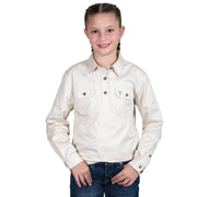 Young girl wearing a white long-sleeve shirt with a logo on a white background