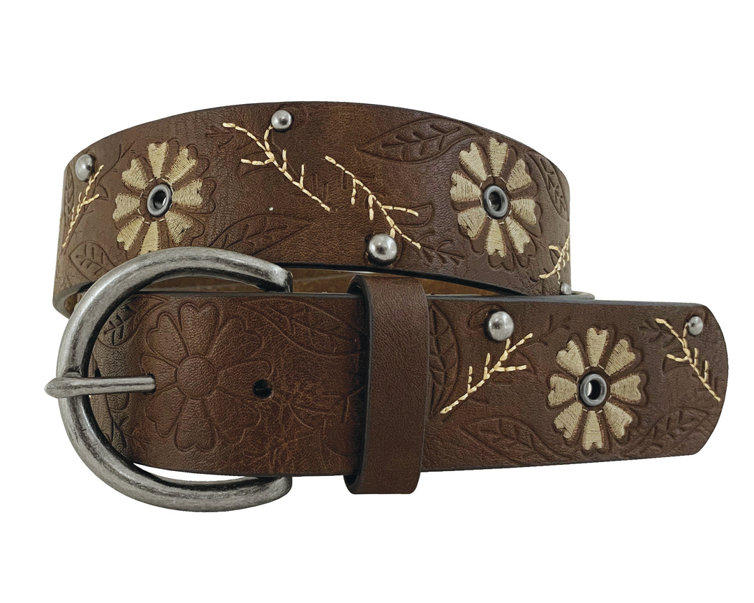 Women's Genuine Leather Brown Belt Studded Floral Embossed