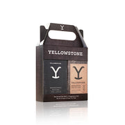 A packaged gift set containing a bottle labeled 'Yellowstone' Eau de Cologne and a bar of soap with 'Yellowstone' branding, packaged in a black and brown box with Y-shaped logo.
