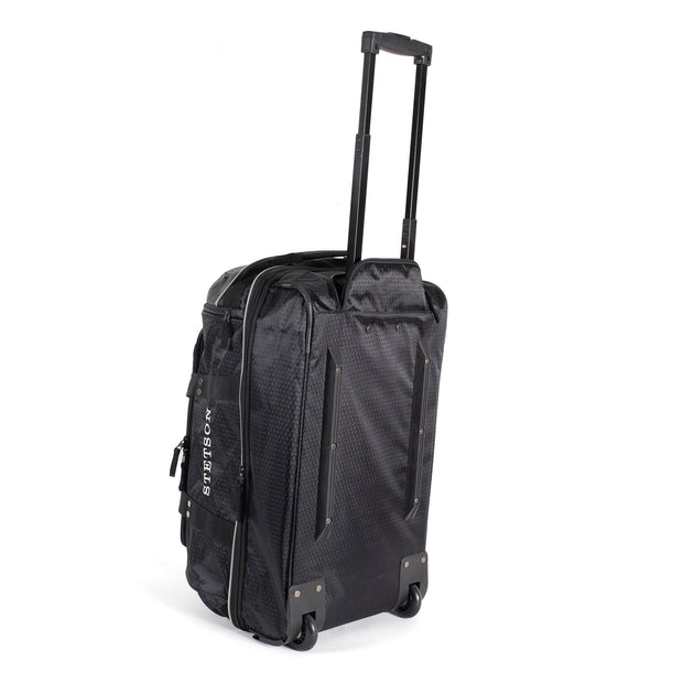 Black rolling suitcase with visible brand logo on a white background