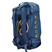 Blue backpack with yellow branding on a white background