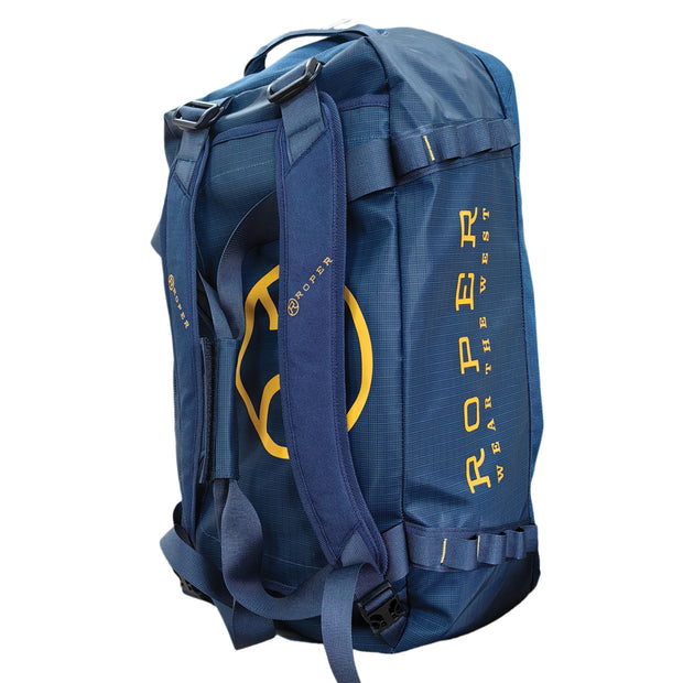 Blue backpack with yellow branding on a white background