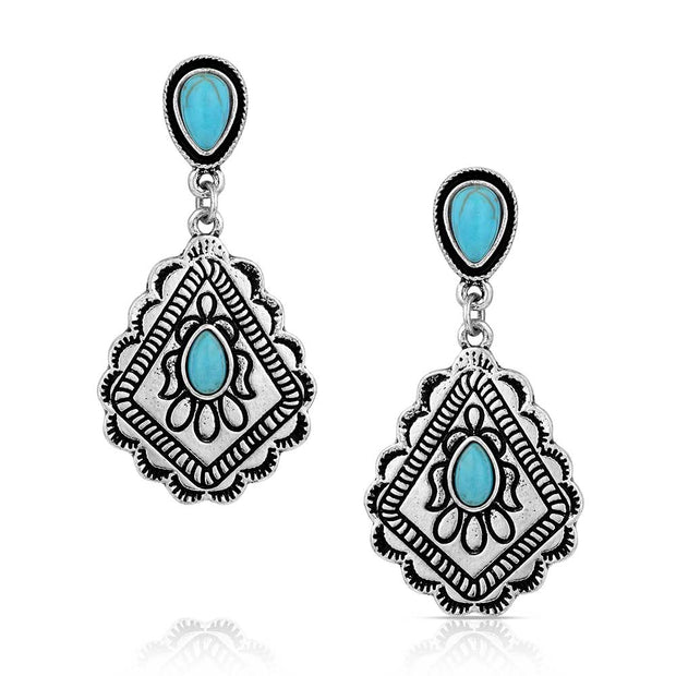 Pair of earrings with turquoise stones and intricate silver designs on a white background