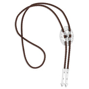 Brown leather bolo tie with silver clasp on a white background