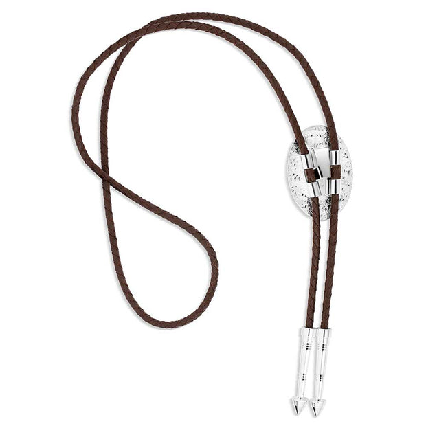 Brown leather bolo tie with silver clasp on a white background