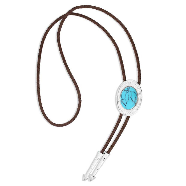 Bolo tie with turquoise stone and brown cord on a white background