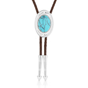 Bolo tie with turquoise stone and silver accents on a white background