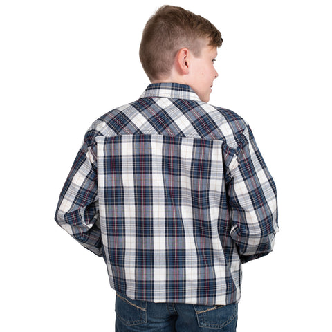 Child wearing a plaid shirt on a white background