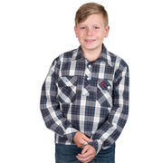 Child wearing a plaid shirt on a white background