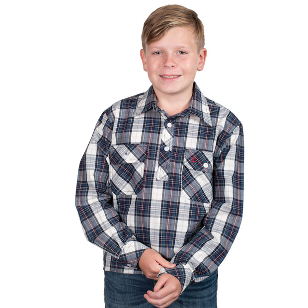 Child wearing a plaid shirt on a white background